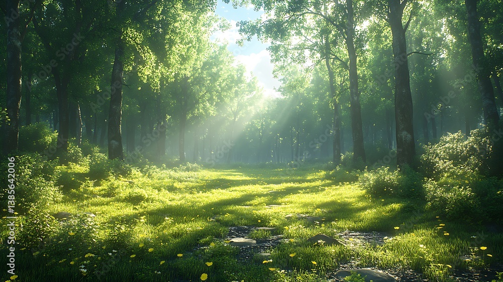 Fototapeta premium Warm sunlight autumn forest tree canopy high resolution hd image