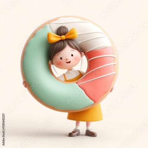 Cute Girl Holding Oversized Donut with Colorful Frosting Design