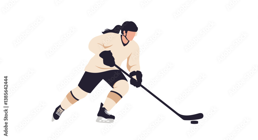 Female hockey player skating with a puck on a white background Female hockey player skating with a puck on a white background