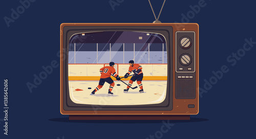 Hockey players competing on TV screen in vintage style  