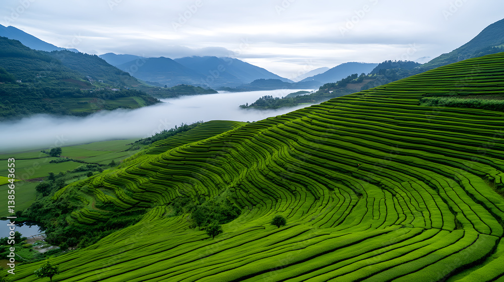 Obraz premium Lush Green Terraced Rice Fields Under Foggy Sky in Mountain Landscape