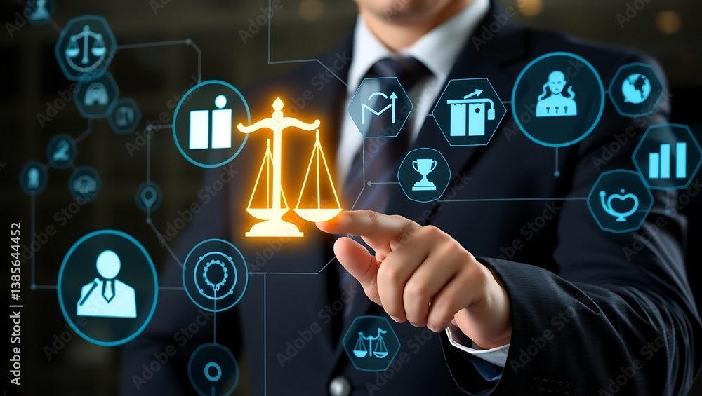Legal Technology and Digital Justice Concept, Businessman Touching Virtual Legal Interface, Law and Technology Innovation in the Legal Industry Legal Technology and Digital Justice Concept, Businessman Touching Virtual Legal Interface, Law and Technology Innovation in the Legal Industry