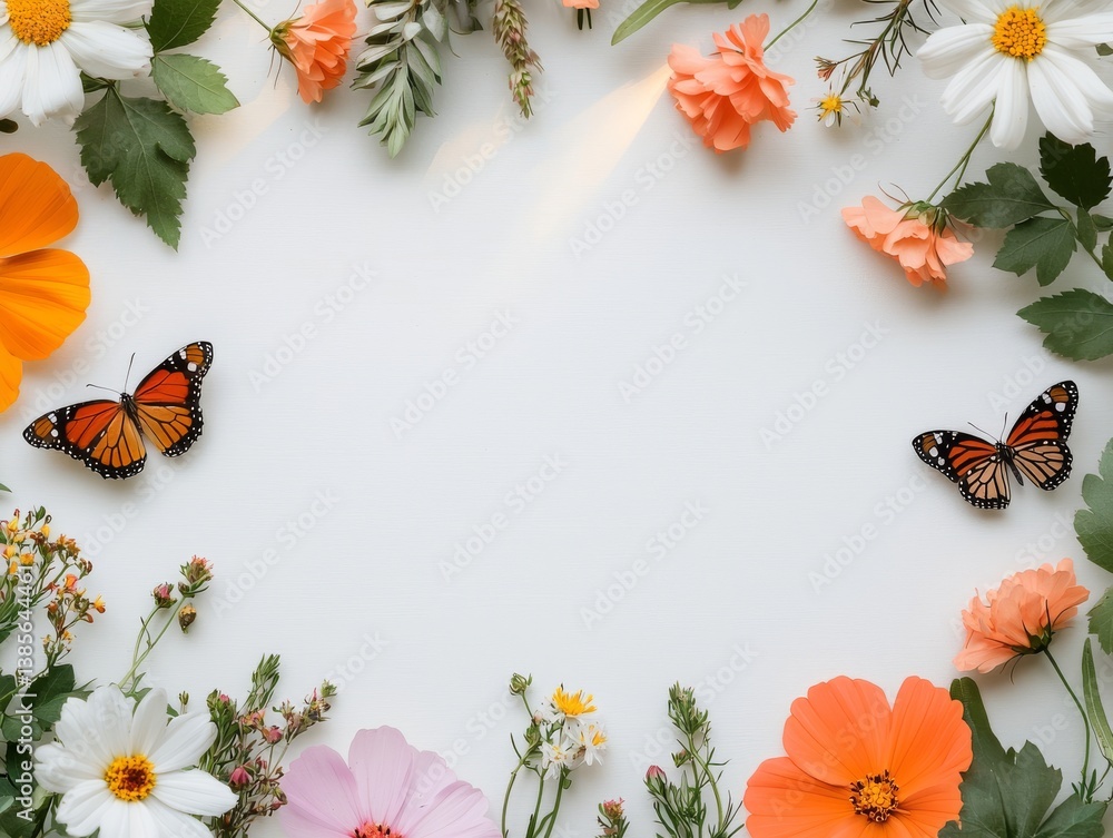 Obraz premium Springtime Floral Frame with Butterflies Nature Scene Decorative Art Bright Colors Close-Up Seasonal Beauty