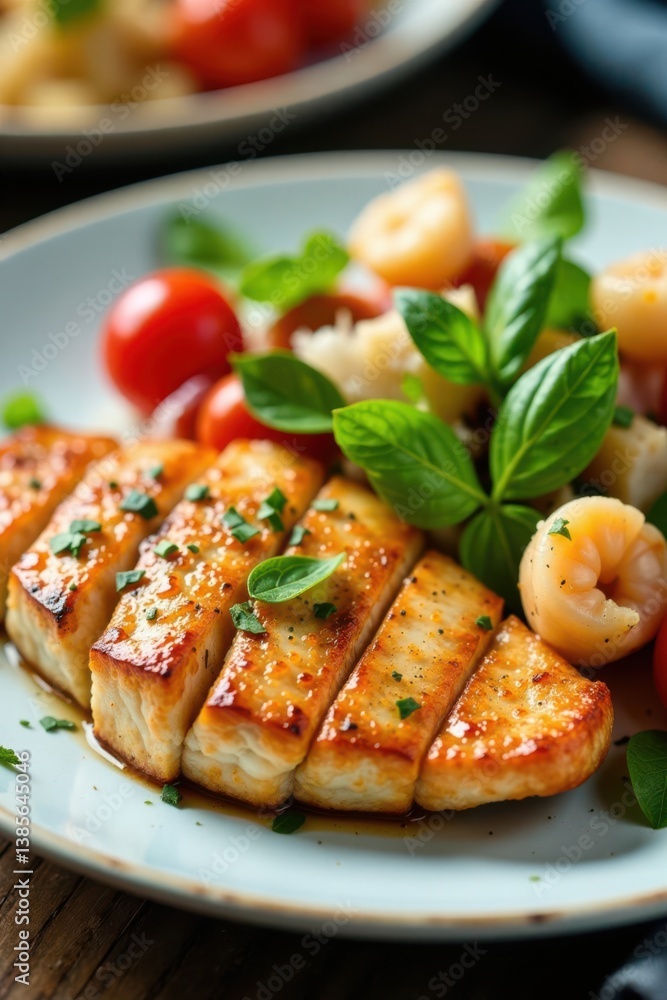 Close-up of a plate with grilled fish and seafood salad, dish, plate Close-up of a plate with grilled fish and seafood salad, dish, plate
