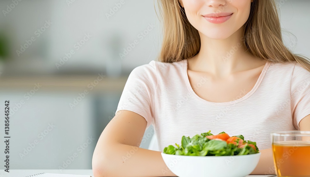 A woman enjoying a healthy salad and refreshing drink in a bright kitchen setting. A woman enjoying a healthy salad and refreshing drink in a bright kitchen setting.