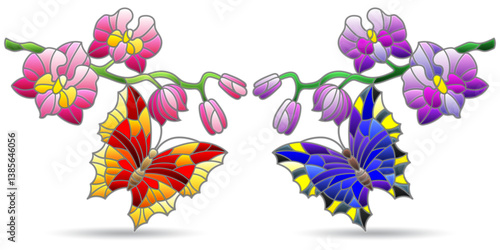 A set of contour illustrations in the style of stained glass with butterflies and orchid flowers, animals isolated on a white background