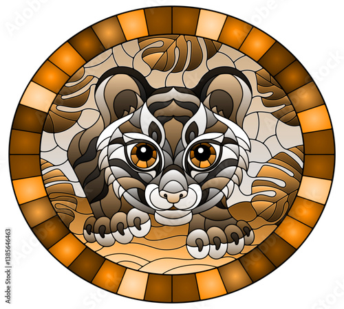 Illustration in stained glass style with baby tiger on the hunt, animal on the background of tropical leaves, oval image in frame, tone brown