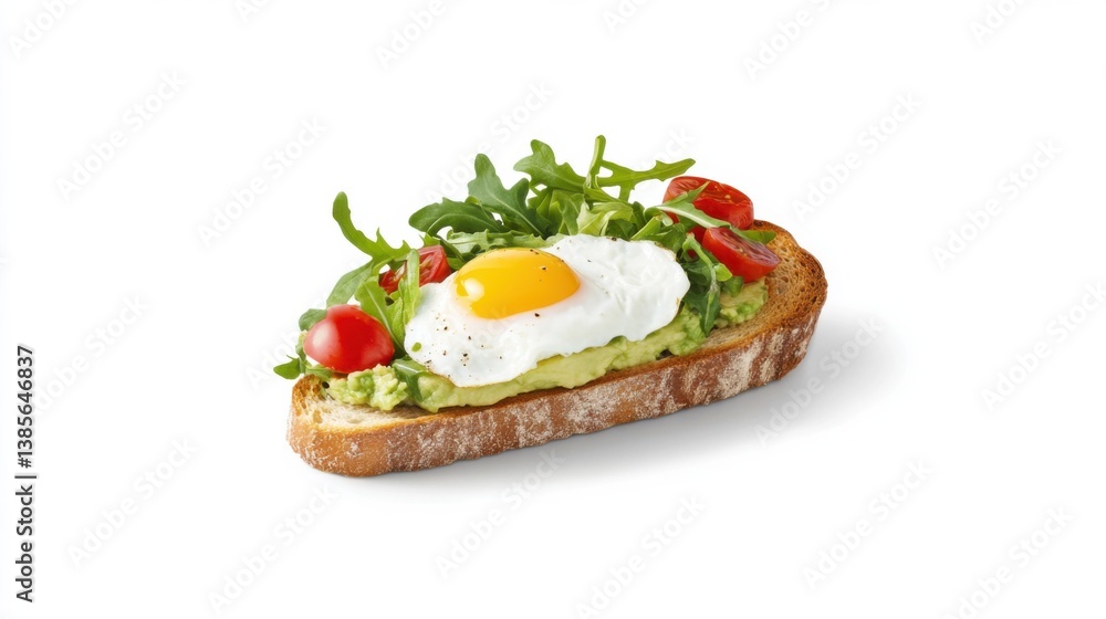 A fresh avocado toast topped with poached eggs, arugula, and cherry tomatoes. Featuring a healthy breakfast choice A fresh avocado toast topped with poached eggs, arugula, and cherry tomatoes. Featuring a healthy breakfast choice