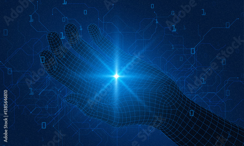 AI innovation concept. Abstract digital background. Digital human hand finger on processor circuit board. Artificial Intelligence concept. 3D low poly wireframe Robot arm and hand human Touch