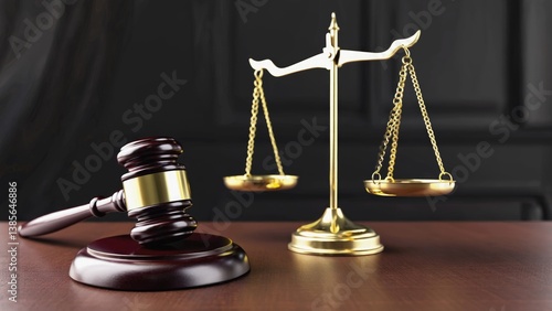 A metallic courtroom scale, a wooden gavel, and the scales of justice on a table in a legal setting.
