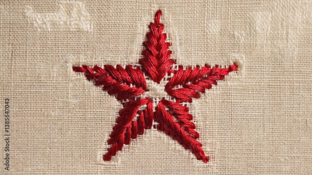 Fine craftsmanship on fabric with red thread and embroidered star design. Fine craftsmanship on fabric with red thread and embroidered star design.