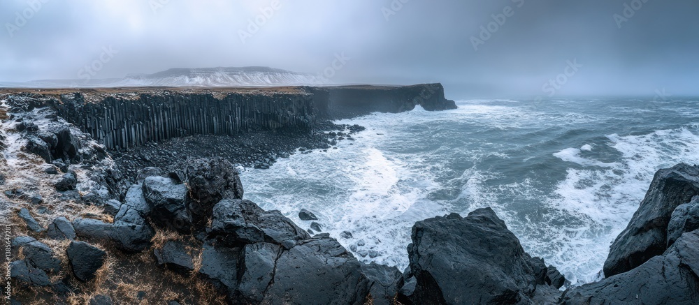 Obraz premium Stormy ocean crashing basalt cliffs