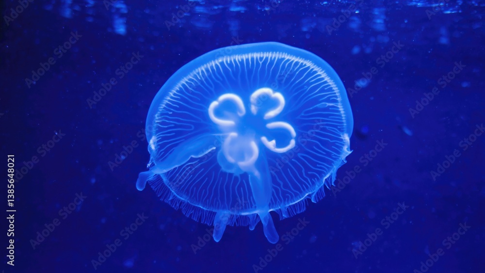 Underwater marine life, jellyfish swimming against a blue backdrop of ocean depths. Underwater marine life, jellyfish swimming against a blue backdrop of ocean depths.