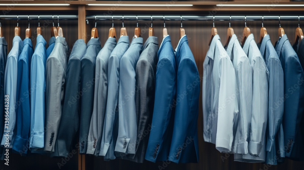 Neat row of men's suits and shirts hanging in a closet Neat row of men's suits and shirts hanging in a closet