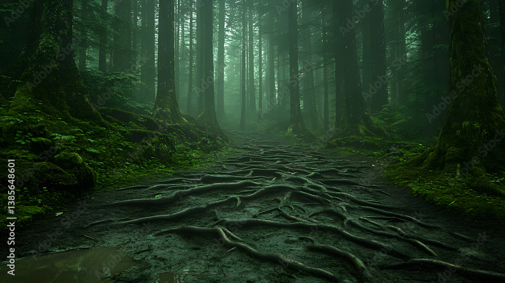 Fototapeta premium Mysterious Forest Pathway with Roots and Misty Ambiance