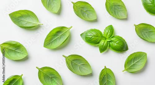 Fresh basil leaves arranged on a white background  