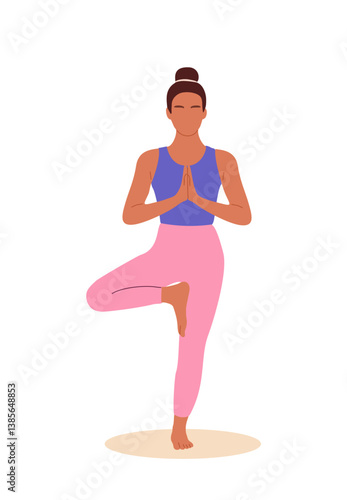 Young woman practicing Hatha yoga and zen meditation. Pretty female character standing in Tree pose and meditating. Slim yogi girl isolated on transparent background. Flat vector illustration.