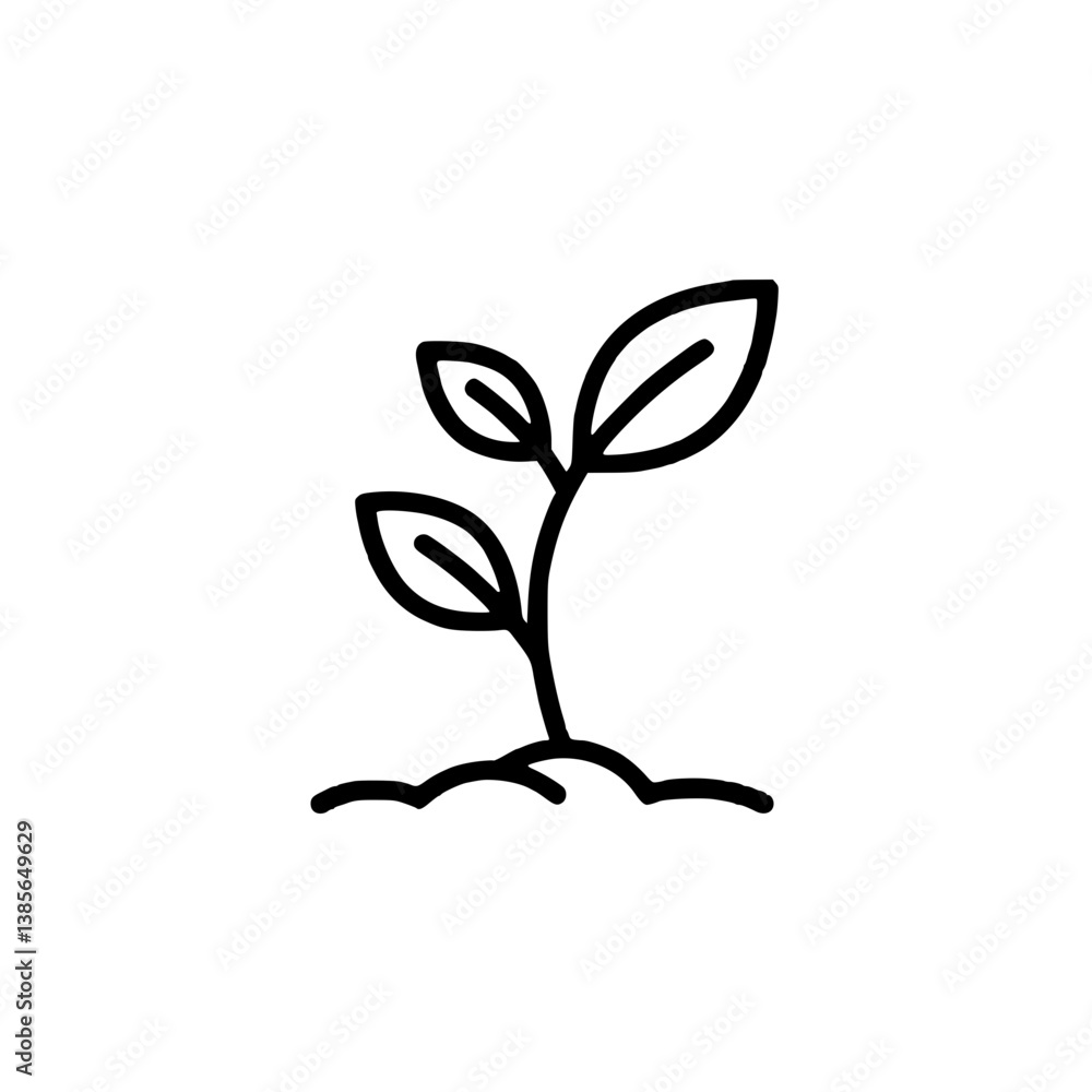 Icon of a sprout with leaves growing from the soil, minimalistic design, black outlines on a white background Icon of a sprout with leaves growing from the soil, minimalistic design, black outlines on a white background