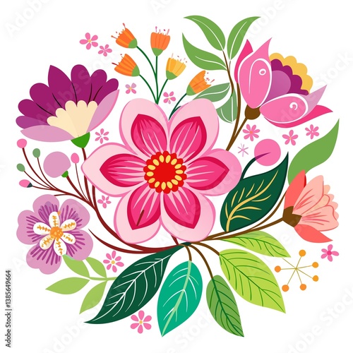A colorful flower arrangement with pink flowers and green leaves
