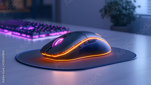 RGB Gaming Mouse on a Desk with Backlit Keyboard in Soft Focus