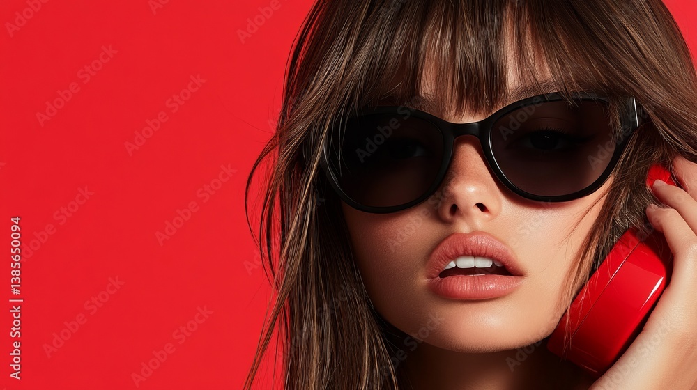 Trendy model with rotary phone fashion shoot studio close-up retro vibes Trendy model with rotary phone fashion shoot studio close-up retro vibes