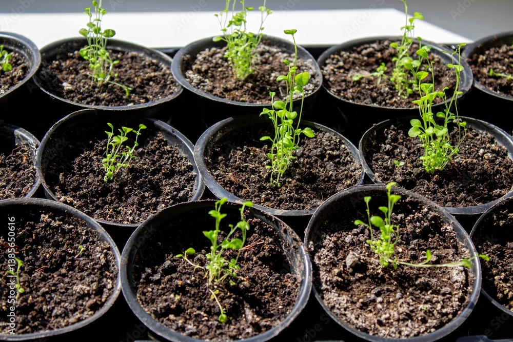A group of seedlings growing in pots on a windowsill. Seedlings in pots. A group of seedlings growing in pots on a windowsill. Seedlings in pots.