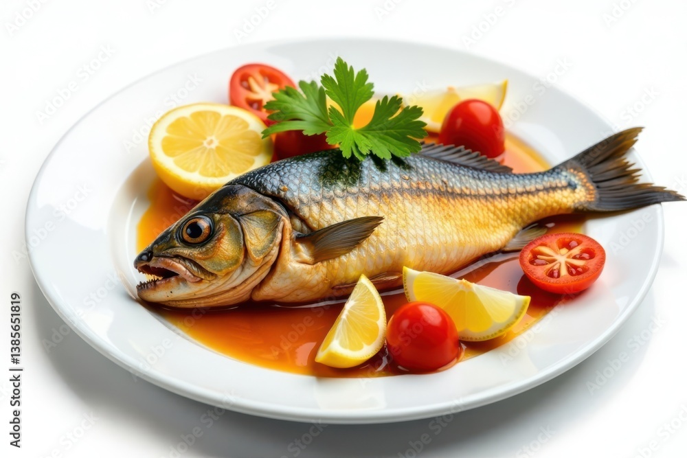 Fresh seafood plate with fish on a white background, fish dishes, ocean food Fresh seafood plate with fish on a white background, fish dishes, ocean food