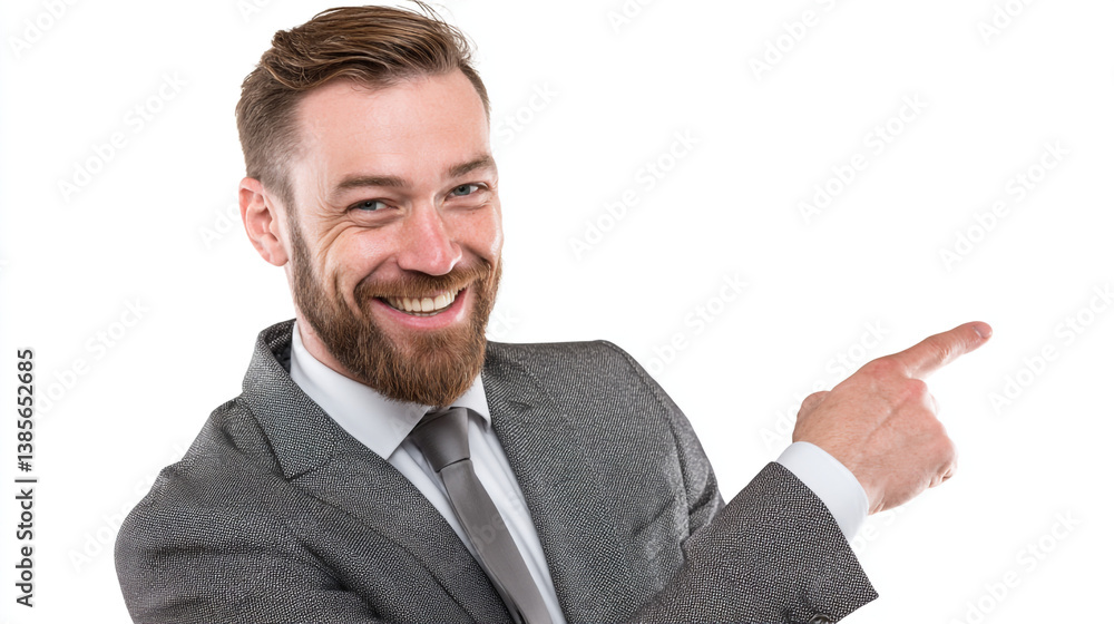A smiling man in a suit pointing to the right with a beard on a white background looking happy A smiling man in a suit pointing to the right with a beard on a white background looking happy
