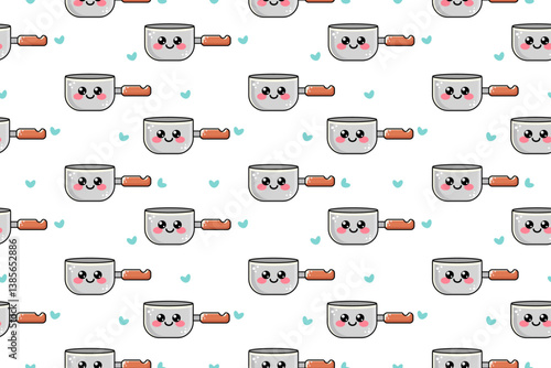 Seamless pattern with cute vector illustration of grey kawaii icon saucepan or stewpan, with wooden brown handle isolated on white background