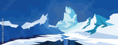 Abstract arctic mountain landscape. Vector ice and snow scene with frozen peaks, glacier crack, and dramatic blue tones. Cold, minimalist style for nature, climate, or winter themes.
