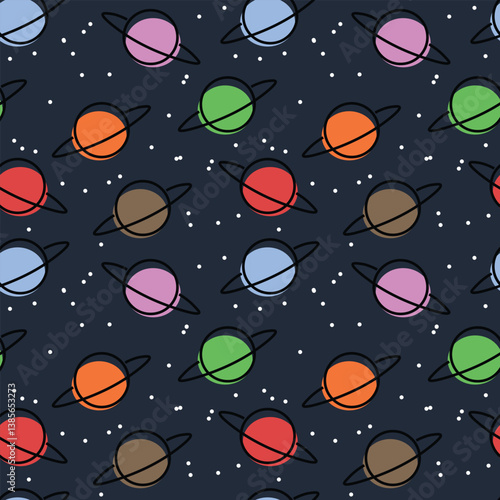 Colorful planet with ring seamless pattern in dark blue background.