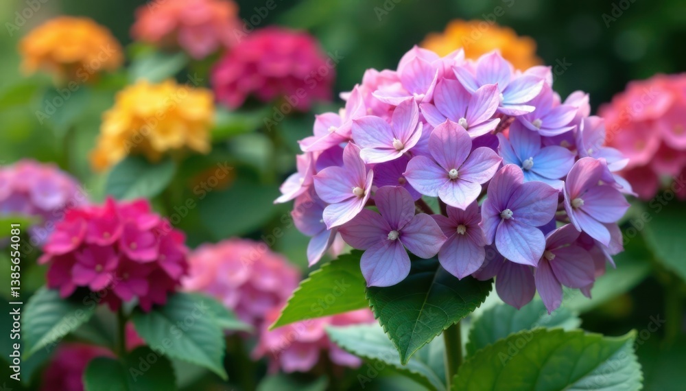 Hydrangea blooms in garden among colorful flowers, hydrangea, greenery Hydrangea blooms in garden among colorful flowers, hydrangea, greenery