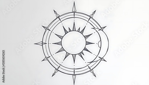 Hand-Drawn Sun and Moon Compass Rose Illustration on a Minimalist Background