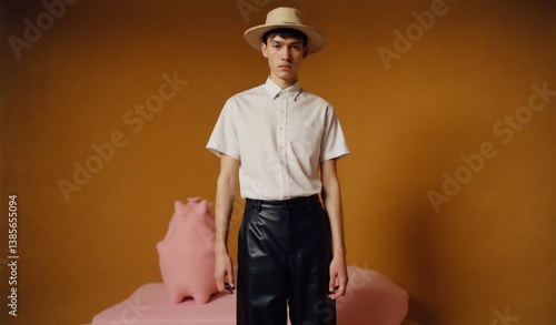 Fashionable Man With Hat Posing Beside Pink Pig Statue In Studio