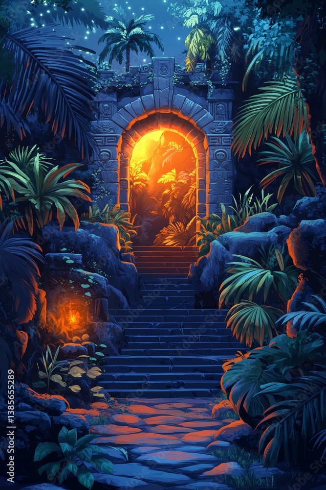 Mysterious jungle pathway leading to an ancient door.a fantasy,paper-cut 3D Mysterious jungle pathway leading to an ancient door.a fantasy,paper-cut 3D