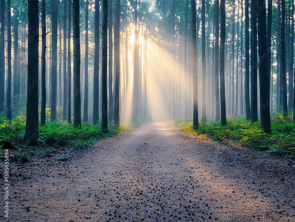 Fototapeta premium Sunbeams Illuminating Misty Forest Path Nature Scene Tranquil Environment Serene Viewpoint Atmospheric Concept