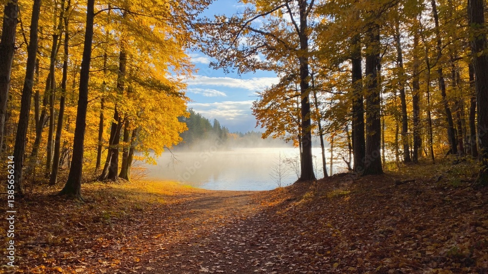 Obraz premium A serene autumn scene featuring a forest path through fallen leaves, leading towards the river. Bright sky, foggy atmosphere and tranquil setting.