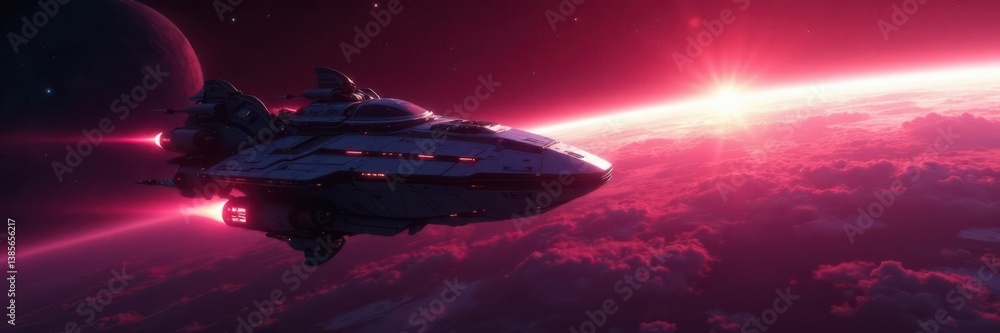 Futuristic spaceship in orbit around a glowing planet, technology, stars Futuristic spaceship in orbit around a glowing planet, technology, stars