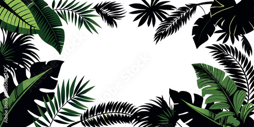 Palm leaves form a frame around a black silhouette of banana tree foliage. This exotic plant border showcases rainforest greenery with tropical branches, offering a decorative