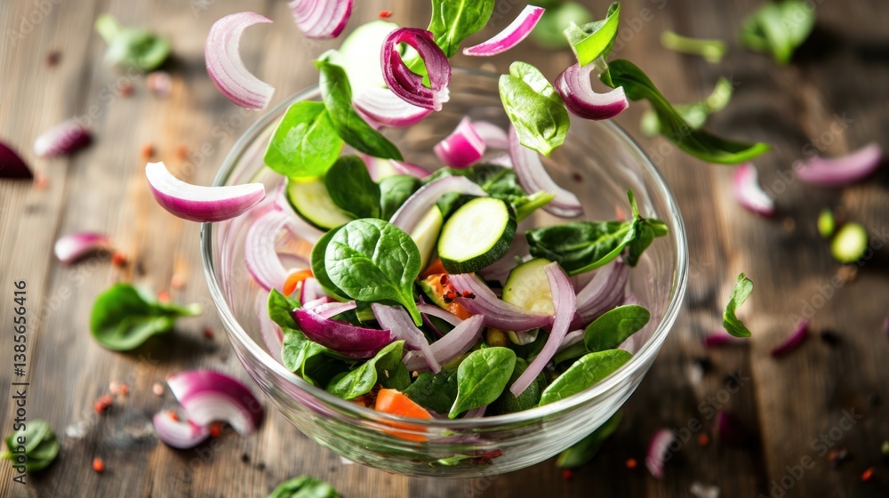 Obraz premium Close-up of colorful mixed vegetables like sliced red onions, diced zucchini, and spinach leaves mid-air above a glass bowl on a rustic wooden table.