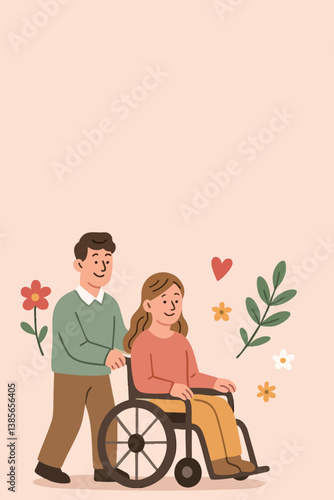 Man pushing woman in wheelchair, surrounded by flowers and hearts. Warm support and care for disabled people. Flat cartoon vector