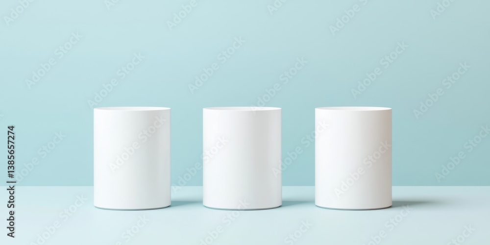 Three White Cylindrical Displays Against Light Blue Background Three White Cylindrical Displays Against Light Blue Background