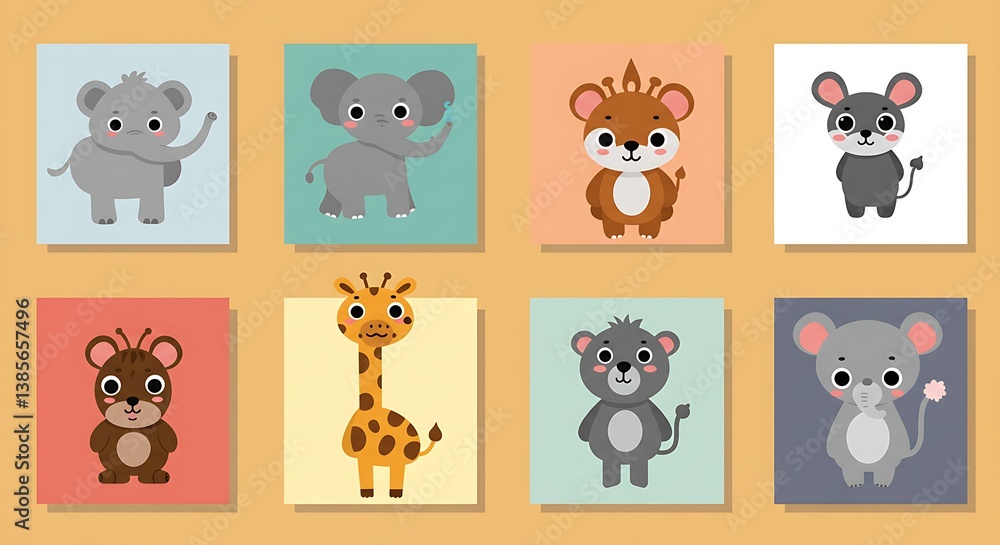 Obraz premium Cute cartoon animals in a flat design style, perfect for children's books
