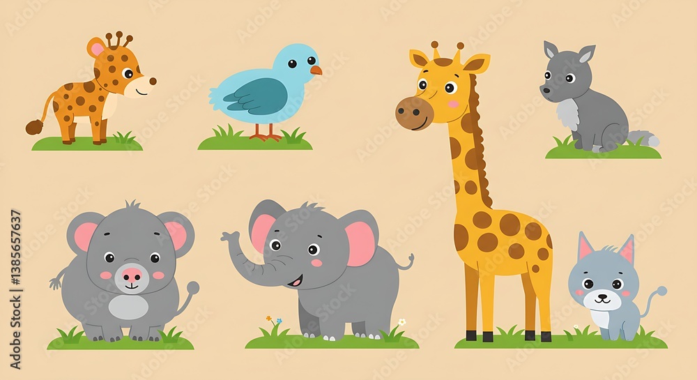 Naklejka premium Cute cartoon animals in a flat design style, perfect for children's books