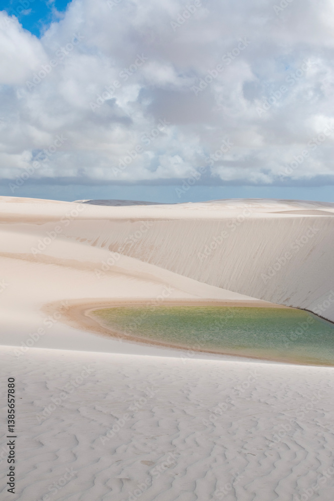 Barreirinhas, Maranhao State National Park, Brazil: view of Lencois Maranhenses, white and rolling sand dunes with natural pools of fresh water, desert landscape, world's unique natural beauty