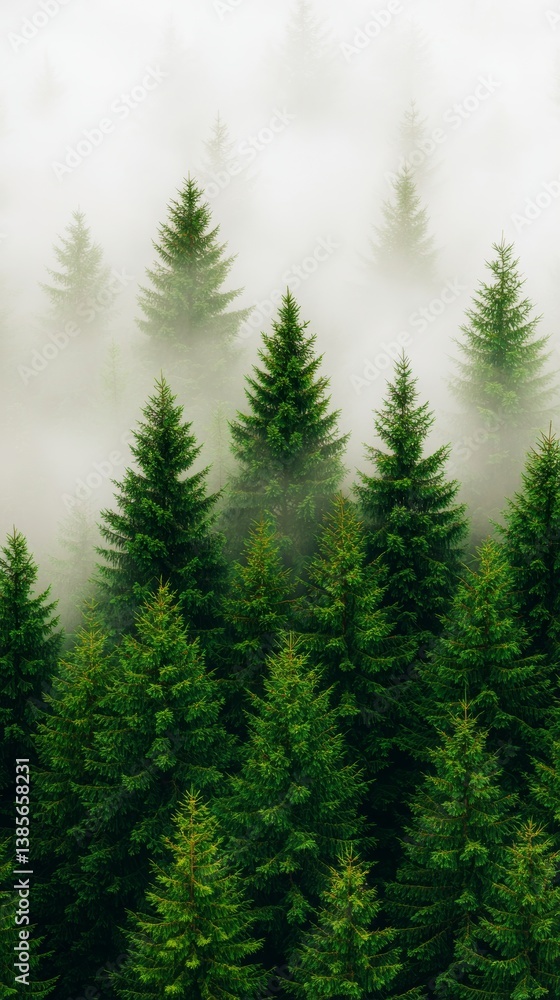 Fototapeta premium Misty Evergreen Forest Scene Lush Conifer Trees Nature Photography Tranquil Environment Aerial View Wilderness Beauty