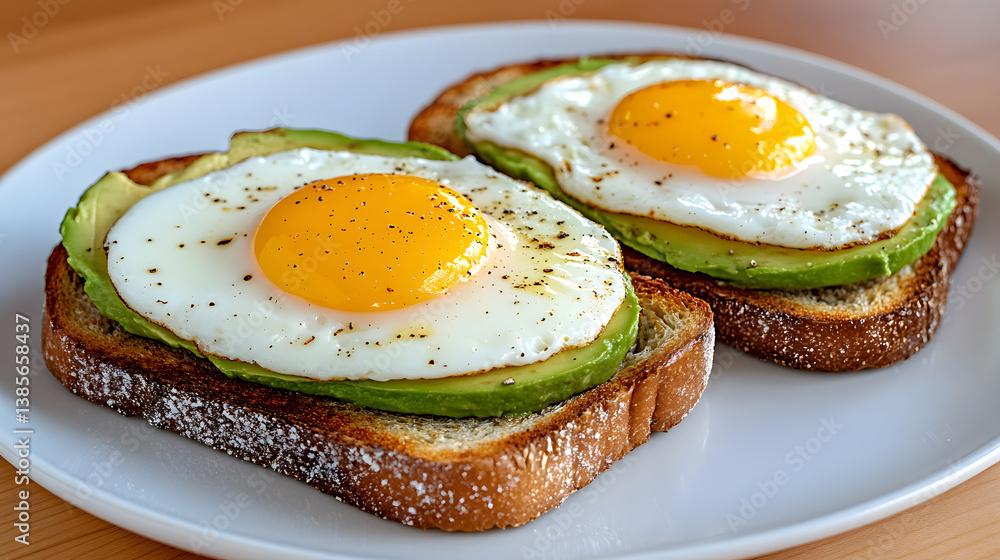 Delicious Avocado Toast with Fried Egg on Wooden Table Delicious Avocado Toast with Fried Egg on Wooden Table