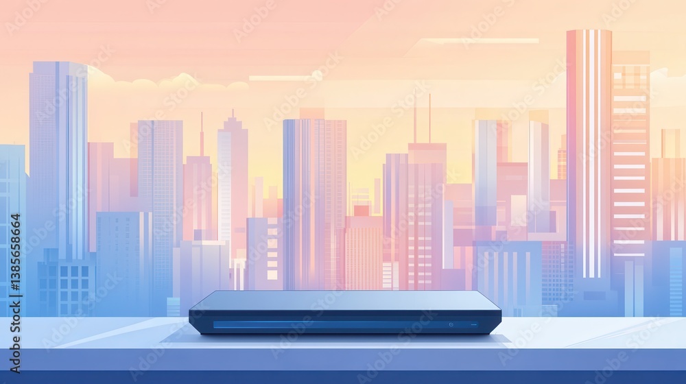 Modern Wifi Router Against Urban Landscape Illustration Modern Wifi Router Against Urban Landscape Illustration