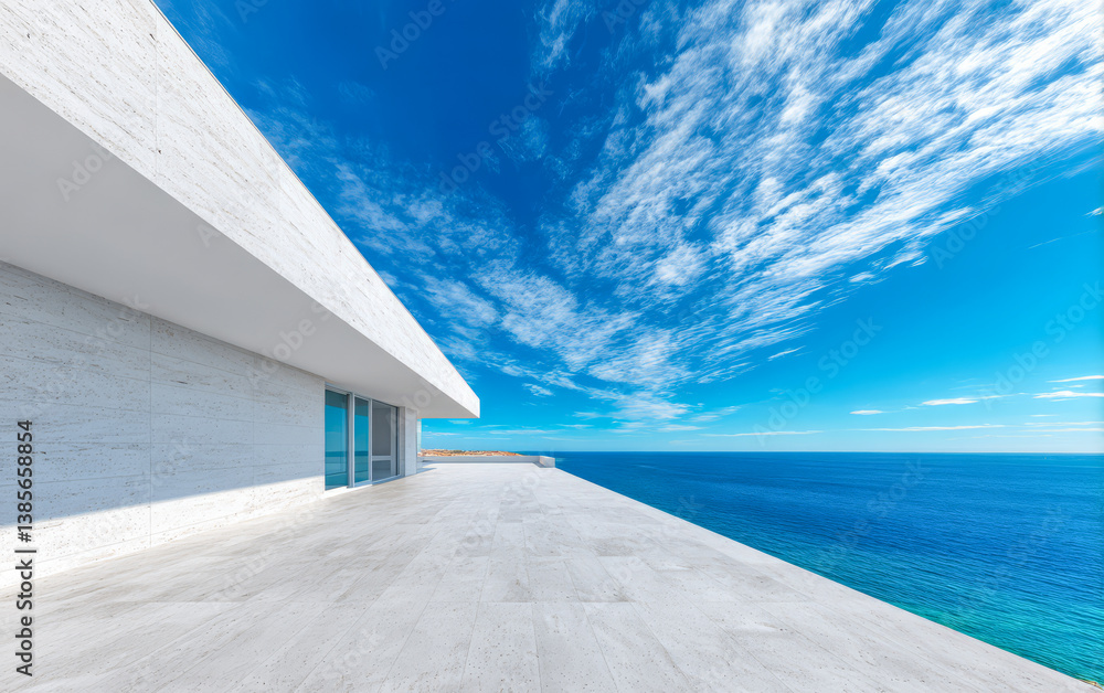 Fototapeta premium Modern architectural design overlooks tranquil ocean waters under a clear blue sky