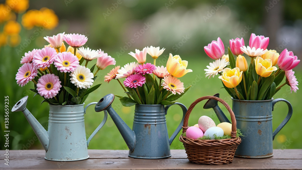 Fototapeta premium Vibrant Spring Flowers in Blue Watering Cans with a Basket of Pastel Easter Eggs.